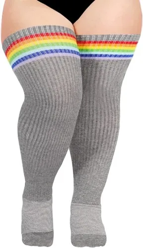 Moon Wood Plus Size Thigh High Socks for Thick Thighs- Womens Knit Cotton Extra Long Over the Knee High Socks Leg Warmer - One Size Plus - Black & Rainbow