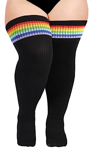 Moon Wood Plus Size Thigh High Socks for Thick Thighs- Womens Knit Cotton Extra Long Over the Knee High Socks Leg Warmer - One Size Plus - Black & Rainbow