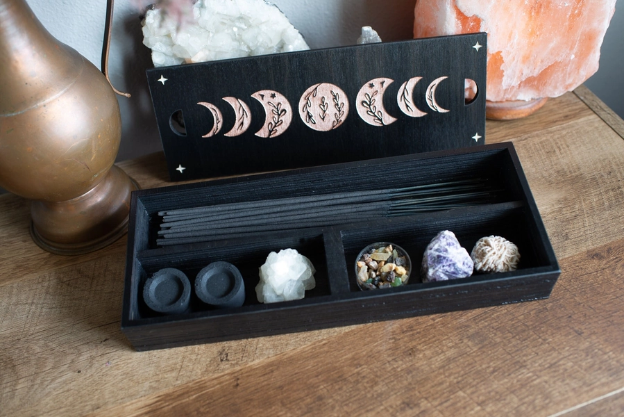 Moonphase Incense Compartment Tray Box | Incense and Crystal Storage Box | Moonphase Trinket Tray Box