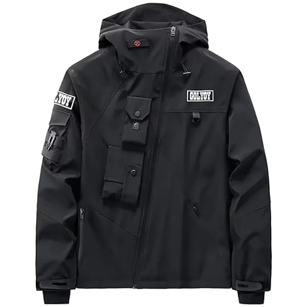 GOLYOY Bomber Jacket Men Lightweight Techwear Windbreaker Multi-Pocket Zip Up Streetwear Tactical Jacket For Men - Medium - Black