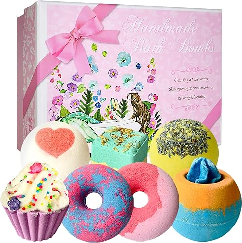 STNTUS INNOVATIONS Bath Bombs, 7 Natural Bath Bomb Gift Set, Handmade Bubble Bathbombs for Women Kids, Gifts for Mom Her Girlfriend, Mothers Day Gifts, Birthday Valentines Christmas Gifts for Women - Pink-7pcs