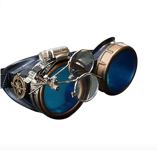 UMBRELLALABORATORY Steampunk Victorian Style Goggles with Compass Design, Colored Lenses & Ocular Loupe - A.blue