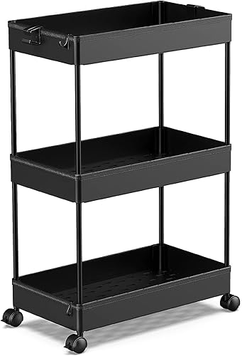 SPACEKEEPER Storage Rolling Cart 3 Tier, Laundry Room Organization Bathroom Cart Organizer Utility Mobile Shelving Unit Multi-Functional Shelves for Office, Kitchen, Black - Black