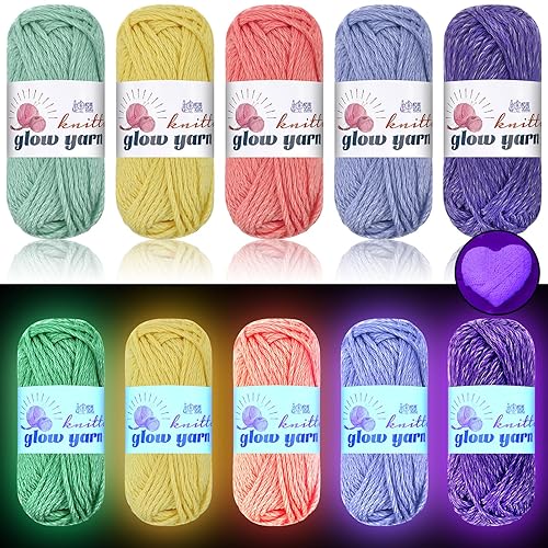 WILLBOND 5 Rolls Glow in The Dark Yarn Luminous Crochet Yarn for Crocheting DIY Knitting Glow Fingering Weight Yarn for Arts Crafts Sewing Party Supplies, 54.7 yd Per Roll (Cute Colors) - Cute Colors - 5