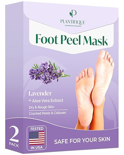 PLANTIFIQUE Foot Peeling Mask Peeling Foot Mask Dermatologically Tested Repairs Heels & Removes Dry Dead Skin for Baby Soft Feet - Exfoliating Foot Peel Mask for Dry Cracked Feet (Lavender 2 pack) - Lavender 2 pack
