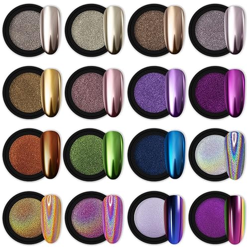 Artdone 16 Jars Chrome Nail Powder Nail Art Glitter Decoration Metallic Mirror Effect Holographic Aurora Chameleon Pigment Powder 1g/Jar Pearl for Resin Craft & Nail Art Fimo - 16jars