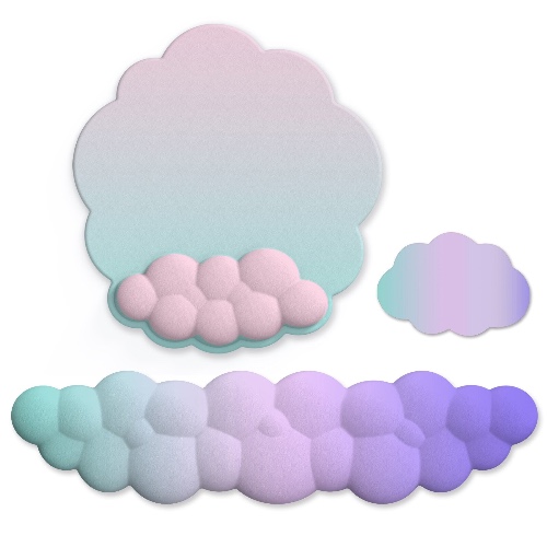 Pastel Ergonomic Cloud Ombre Keyboard Pad, Wrist Pad & Coaster Set - Green pink & Purple