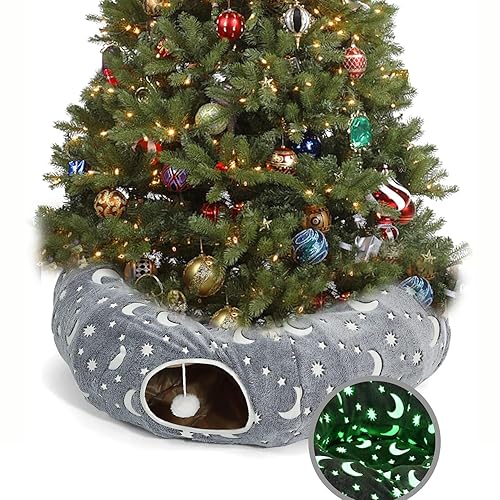 LUCKITTY Cat Tunnel Bed Tube with Cushion and Plush Ball Toy Playground Crinkle Collapsible Self-Luminous Flannel Fabric 3FT for Large Cats Kittens Kitty Small Animals Puppy Grey Moon Star - 3FT