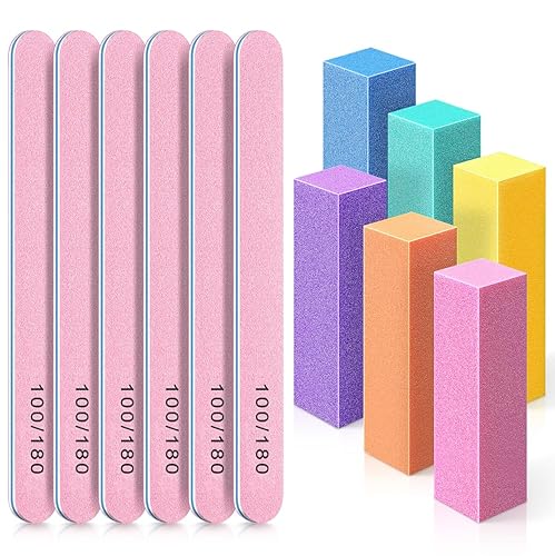 TsMADDTs Nail Buffers and Files, 6PCS Nail Buffer Blocks, 6PCS Nail Files 100/180 Grit, Professional Manicure Tools Kit, Nail Care Tools Kit for Women - Pink