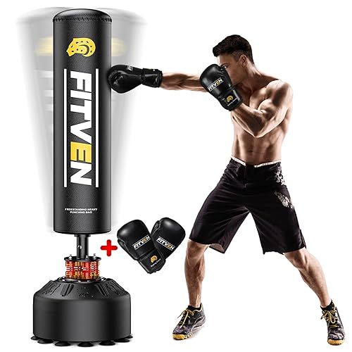 FITVEN Freestanding Punching Bag with Boxing Gloves Heavy Boxing Bag with Suction Cup Base for Adult Kids - Men Stand Kickboxing Bag - black
