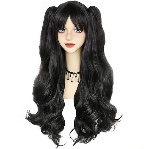 Anogol Hair Cap+ Black Pigtail Wig Nadja Wig Rin Tohsak Wig Long Black Cosplay Wig Women Girls Lolita Wig 2 Ponytails with Natural Clips Synthetic Wig for Halloween Costume Party Wig