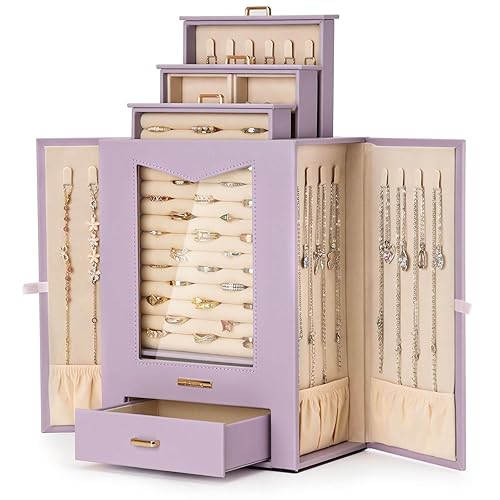 Homde Jewelry Organizer with Transparent Window Necklace Hooks Gift for Women Jewelry Box Display Case for Necklaces Rings Earrings Bracelets and Other Jewelry Accessories (Grey Purple) - Grey Purple
