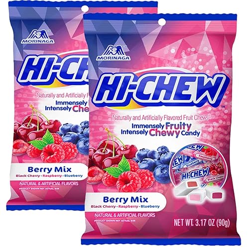 Hi Chew Berry Mix Chews, Black Cherry, Raspberry, and Blueberry Flavors, Fruity Chewy Japanese Candies, Pack of 2 - Black Cherry, Raspberry, and Blueberry - 2 Pack Assortment