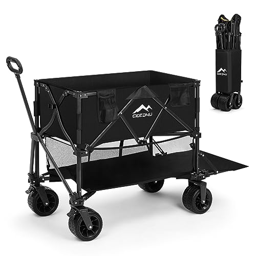CEED4U 400L Collapsible Wagon Carts Foldable Double Decker Wagon with Removable Big wheels Heavy Duty Beach Sand Cart Support Up to 661 lbs for Camping Shopping Sports Party Garden