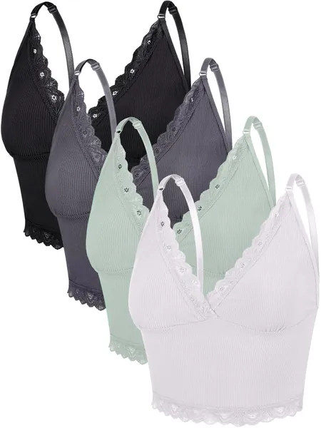 4 Pcs Women's Sleeveless Cami Crop Top Camisole Lace Trim V Neck Spaghetti Strap Tank Tops for Women Girl Ribbed Rave Clothes