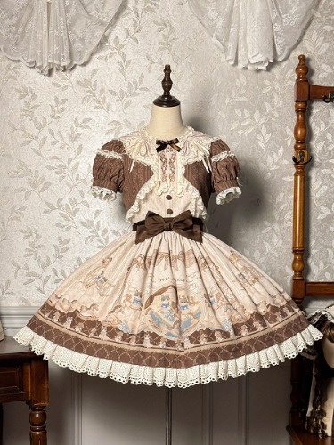 Brown Ruffle Round Neck Kitty and Teddy Print Lolita Dress Sweet Lolita 