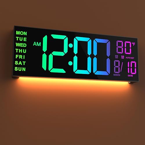 JALL 16" Large Digital Wall Mount Clock with Remote Control, Alarm, Big LED, 8 RGB Color, Auto DST, Temperature for Living Room Classroom Desk, Xmas, Birthday Gift for Senior Men Women Mom Dad - 16 inches - Black