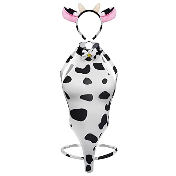 paloli Women's Anime Cow Cosplay Lolita Kawaii Sets Japanese White Stocking Underwear Bikini Bra Panty, Milk Set-8, X-Small