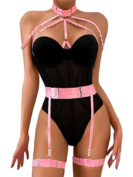 Kaei&Shi Underwire Sexy Top, Snap Crotch, Strappy, Choker, Leg Band,3Pc Bodysuit