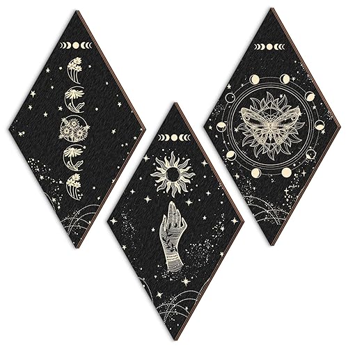 Roowest 3 Pcs Rustic Boho Wall Decor 11.8 x 6.7 Inch Christmas Witchy Wall Decor Sun Moon Room Decor Butterfly Wooden Minimalist Wall Pediments Hanging Astrology Decor for Gothic Home Bathroom Decor - 11.8 x 6.7 Inch