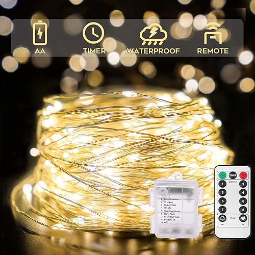 SUDDUS 33ft 100 LED Outdoor String Lights, Warm White Fairy Lights Battery Operated with Remote, Led Twinkle Lights for Bedroom, Dorm, Backyard, Wedding, Tree, Mason Jar, Wall, Christmas - 33 feet - Warm White