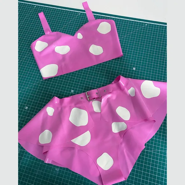 Rubber Latex Crop Top, Peplum and Briefs Bundle in Cow Print