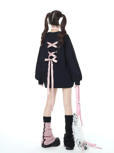 Black/Pink Love Heart Print Lace Up Sweater - black / M