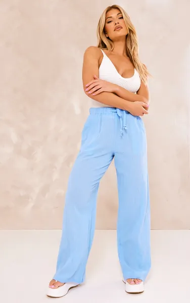 Blue Cheescloth Drawstring Waist Wide Leg Trousers