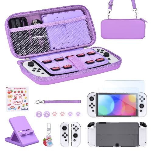 Younik Switch OLED Accessories Bundle, 15 in 1 Purple Switch Oled Accessories Kit for Girls Include Switch Carrying Case, Adjustable Stand, Protective Case for Switch Console & J-Con - Purple