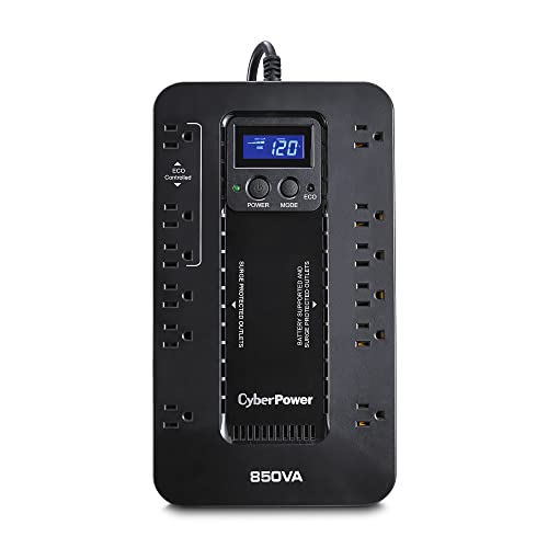 CyberPower EC850LCD Ecologic Battery Backup & Surge Protector UPS System, 850VA/510W, 12 Outlets, ECO Mode, Compact, Uninterruptible Power Supply - 850VA LCD