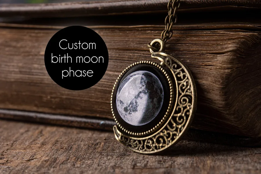 Double Sided Custom Moon Phase Necklace Personalized Jewelry Birthday Gift
