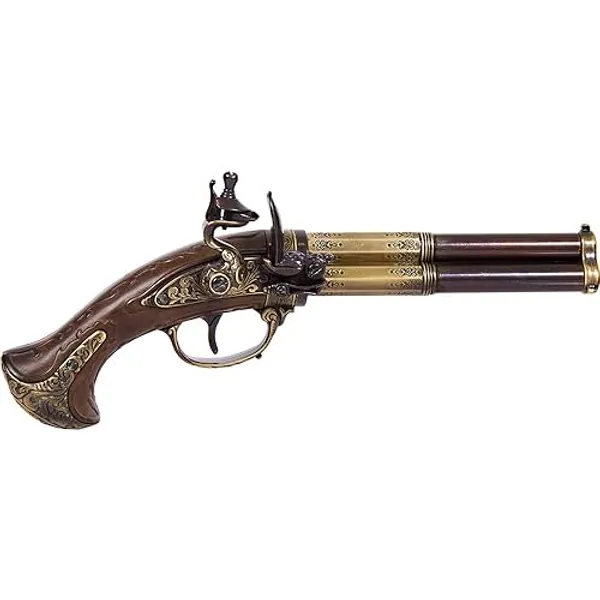 French 18th Century 3 Barrel Flintlock Pistol with Brass Finish/Wood