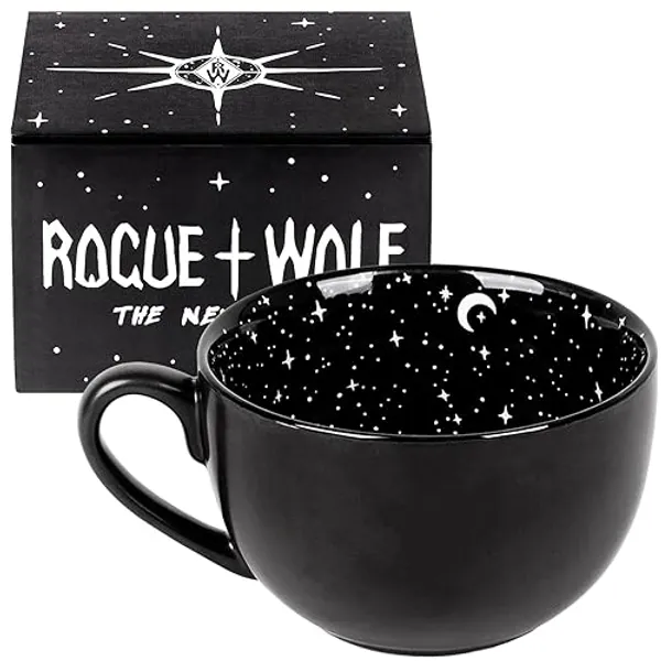 Rogue + Wolf Midnight Gothic Large Coffee Mug, Goth Skull Decor in Gift Box, Halloween Mugs, Witchy Gifts for Women, Spooky, Emo, Horror, Anime, Ghost, Occult, Novelty Porcelain Tea Cup - 17.6oz 500ml - Midnight