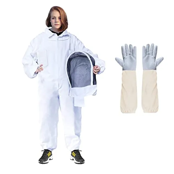 LONGADS Professional Bee Suit for Men Women, Beekeeping Suit Beekeeper Suit with Glove &Ventilated Hood, Multi-Size Bee Outfit for Backyard and Bee Keeper - M for 4'11"-5'3"