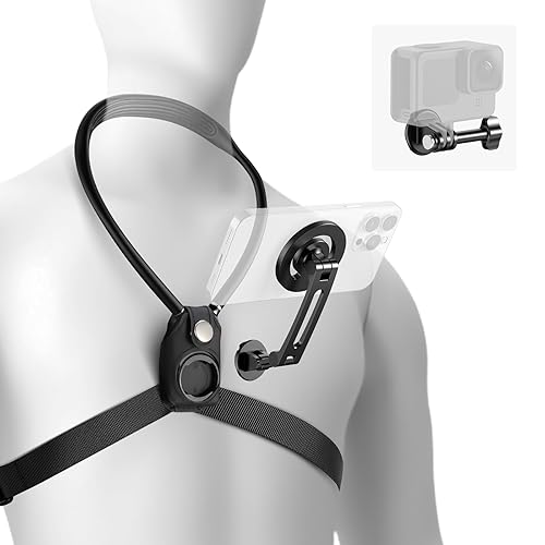 NEEWER Magnetic Neck Holder for Action Camera & Phone, Hands Free Neck Mount with Chest Strap Compatible with GoPro DJI Insta360 iPhone, Neck Phone Holder for POV Vlog Video Recording, GP26