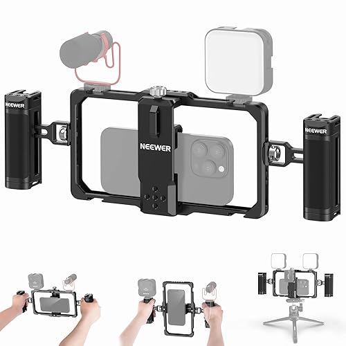 NEEWER Upgraded Phone Rig Vlogging Kit, Video Stabilizer with Dual Handle, Wireless Mic Clip Slot for Tiktok/YouTube, Compatible with SmallRig iPhone 15 14 Pro Max 13 Pro Max Galaxy S23, PA009 - Phone Rig