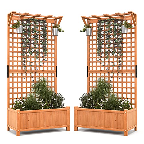 Giantex 2 Pcs Raised Garden Bed with Trellis & Roof, 72.5" Wooden Garden Bed, High Trellis for Plant Flower Climbing Pot Hanging, Indoor & Outdoor Planter Box for Yard, Garden, Balcony - 2 - 35.5"Lx17.5"Wx72.5"H