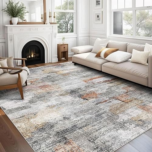 vivorug Washable Rug, Ultra Soft Area Rug 9x12, Non Slip Abstract Rug Foldable, Stain Resistant Rugs for Living Room Bedroom, Modern Fuzzy Rug (Gray/Rust, 9'x12') - Colorful/ Multi - 9'x12'