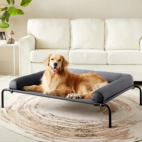 Western Home Elevated Dog Bed Cot, Raised Outdoor Dog Bed with Bolster for Large Dogs, Slightly Chew Proof Portable Cooling Pet Cot with Breathable Mesh, Skid-Resistant Feet, Grey, 43 inches - Large-43"L x 31.5"W x 8"H - Grey
