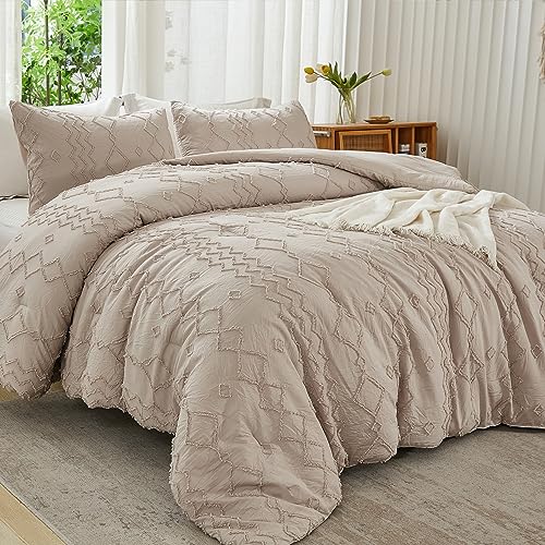 Andency White Tufted Comforter Set King(104x90Inch), 3 Pieces(1 Tufts Comforter, 2 Pillowcases) Boho Textured Farmhouse Comforter, Microfiber Down Alternative Geometric Comforter Bedding Set - Queen Khaki