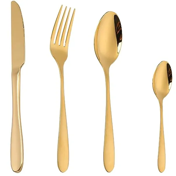 CAOPAOTI Goldenes Besteckset 24 teilig, Edelstahl Besteck Set Service 6 Personen, Poliertes Essbesteck Sets mit Löffel Messer und Gabel, Elegant Design Geschirrset Spülmaschinenfest
