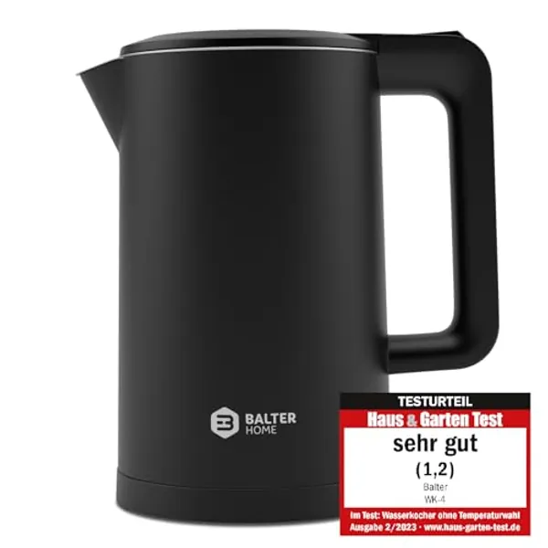 Balter Wasserkocher Edelstahl WK-4, 1,7 Liter, elektrischer Wasserkocher, Doppelwand Design, BPA frei, LED, Teekocher Kompakt, leise (Schwarz)