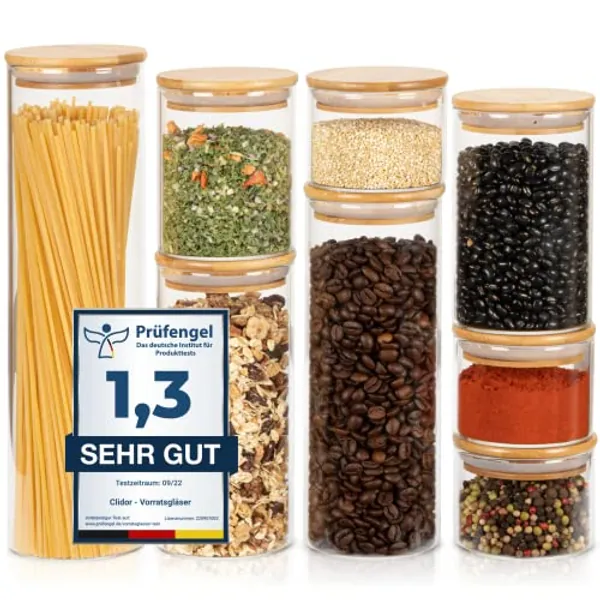 CLIDOR ® Premium Vorratsgläser rund - 8er Set - [ robuste 3mm Glasdicke ] - luftdichte Glasbehälter mit Deckel für sichere Lagerung - stapelbare Vorratsgläser mit Deckel - Vorratsdosen aus Glas