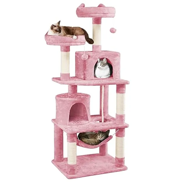 Yaheetech Rascador para Gatos de 158 cm Grande Arbol para Gatos Adultos Torre de Gatos Casita Juego para Mascota Rosa - 158cm Altura - Rosa