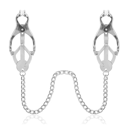 Lucky Forest Clover Nipple Clamps with Chain, Clip Non-Piercing Butterfly Body Clips, for Women, Men, Couples, Textured Rubber Padded Tips，Body Piercing Jewelry - Silver