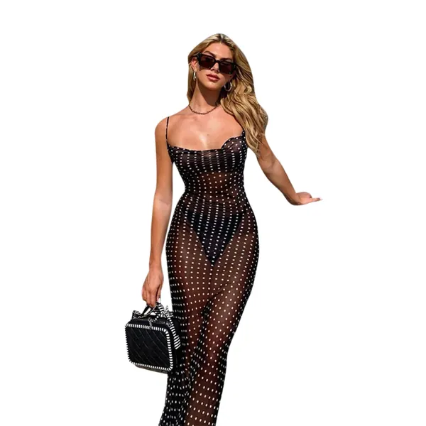 Women Mesh Sheer See Through Spaghetti Strap Maxi Dress Sleeveless Backless Beach Swimsuit Cover Ups Party Club Dresses