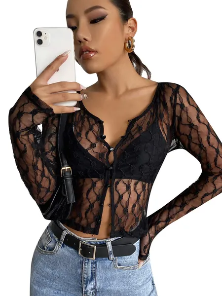 SheIn Women's Sheer Lace Fishnet Button Front Tops Long Sleeve Crop Tee Shirts