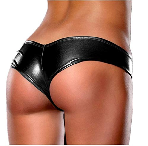 NAVARCH Bikini Wetlook Metallic Damen Shot Micro Mini Bikini Thong Einteiler Panty Lingerie V-Ausschnit Neckholder Lingerie Babydoll DessousBikini Set Wet-Look Shiny Metallic Swimsuit Badebekleidung - Dunkles Schwarz