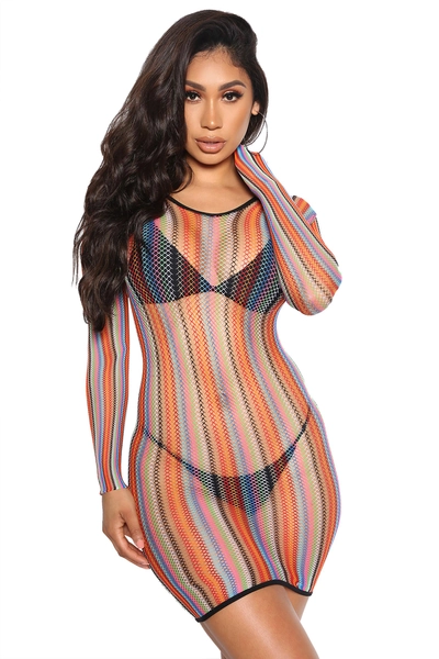 Sexy Rainbow Fishnet Cover Up Dress Stretchy Swimsuit for Women Bikini See Through Coverup Bodycon Miami Spring Break Beach Sheer Mesh Netted Lingerie - 