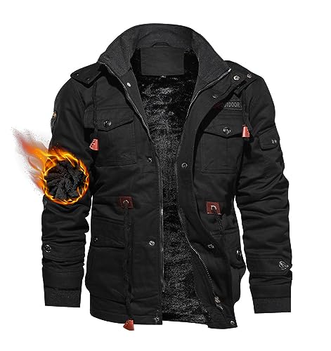 TACVASEN Men's Winter Jacket Cotton Military Jackets Fleece Lined Thick Work Coats Warm Cargo Jackets with Hooded - XX-Large - A.149 Black